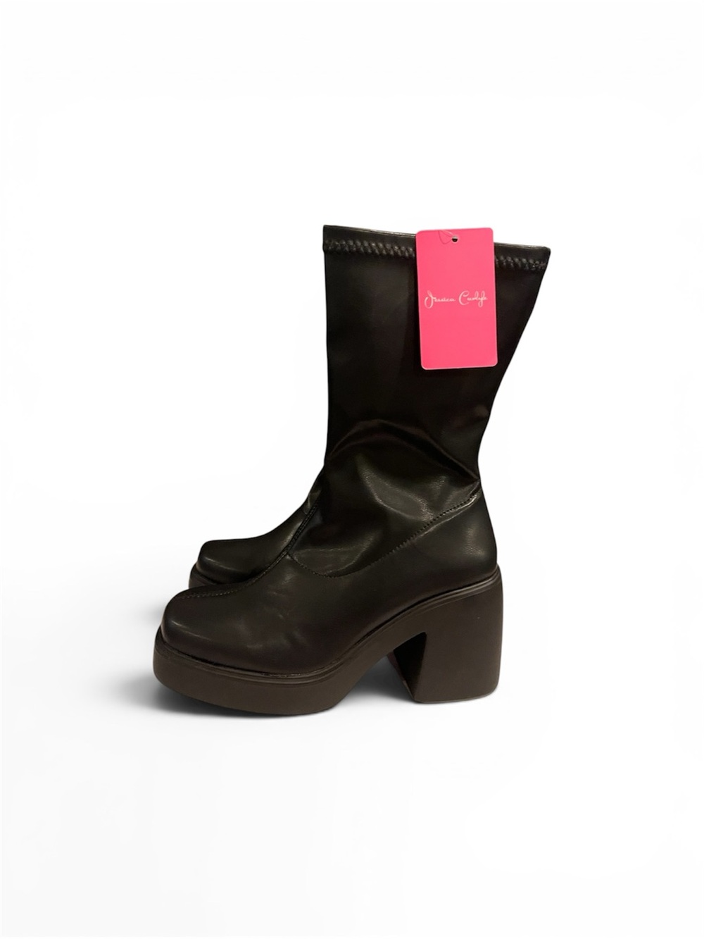 Chunky Platform Mid-Calf Heeled Boots in Black